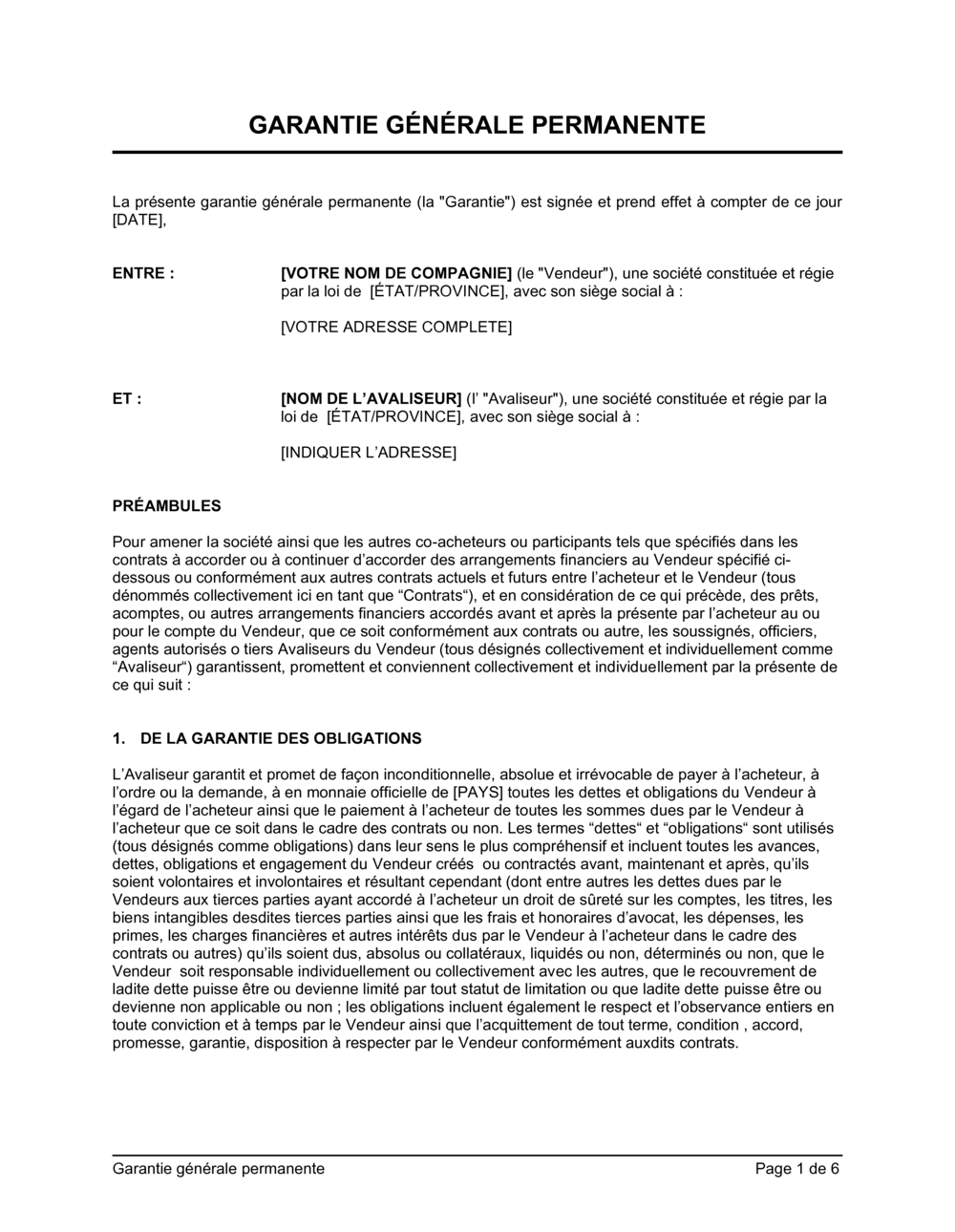 Business-in-a-Box's Garantie générale permanente