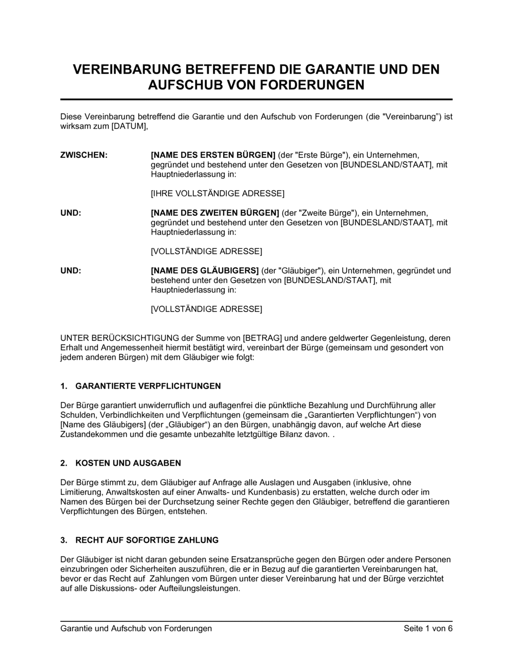 Business-in-a-Box's Garantie und Aufschub von Forderungen