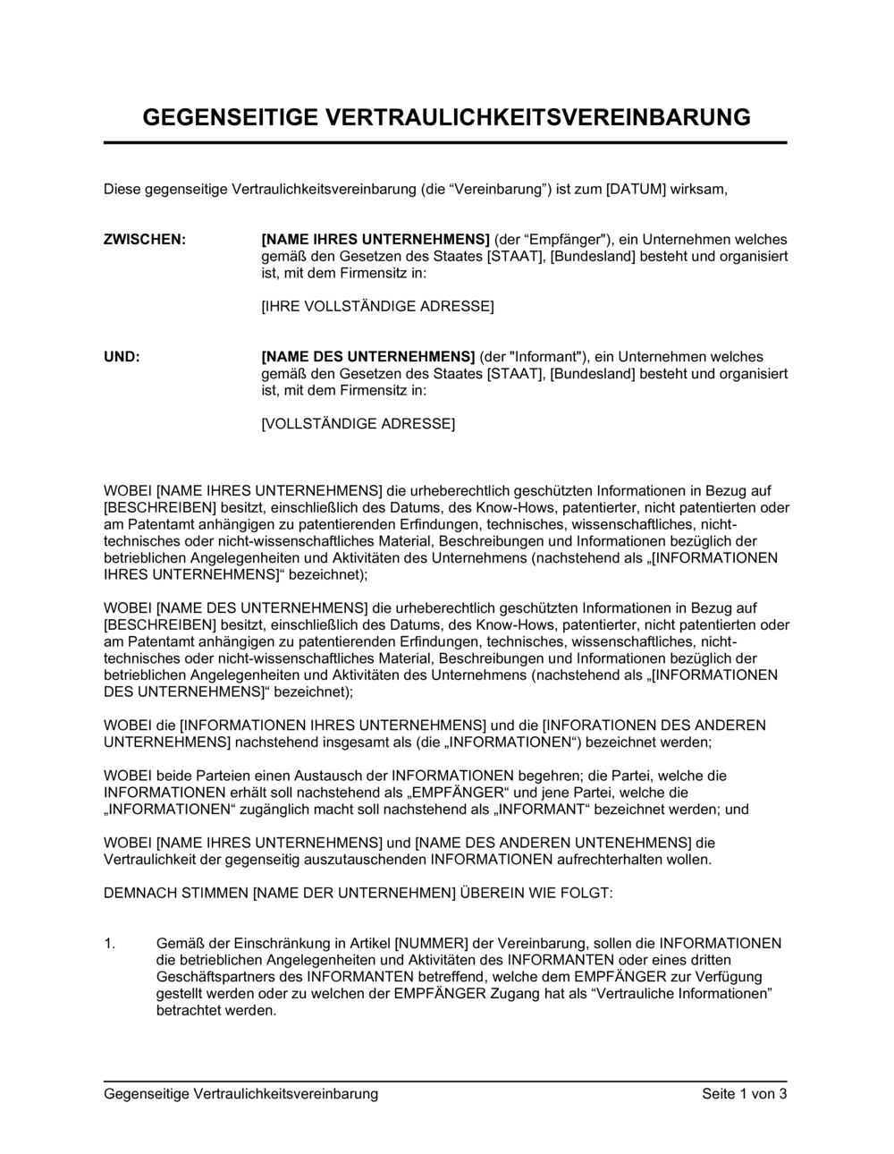 Business-in-a-Box's Gegenseitige Vertraulichkeitsvereinbarung