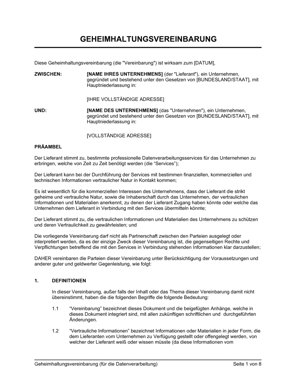 Business-in-a-Box's Geheimhaltungsvereinbarung (für die Datenverarbeitung)