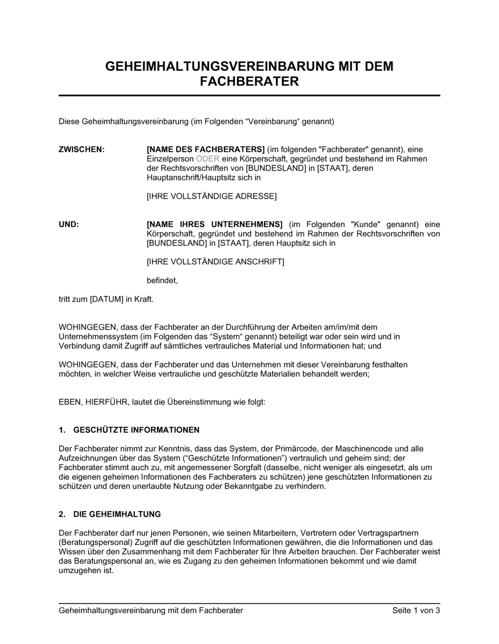 Business-in-a-Box's Geheimhaltungsvereinbarung mit dem Fachberater