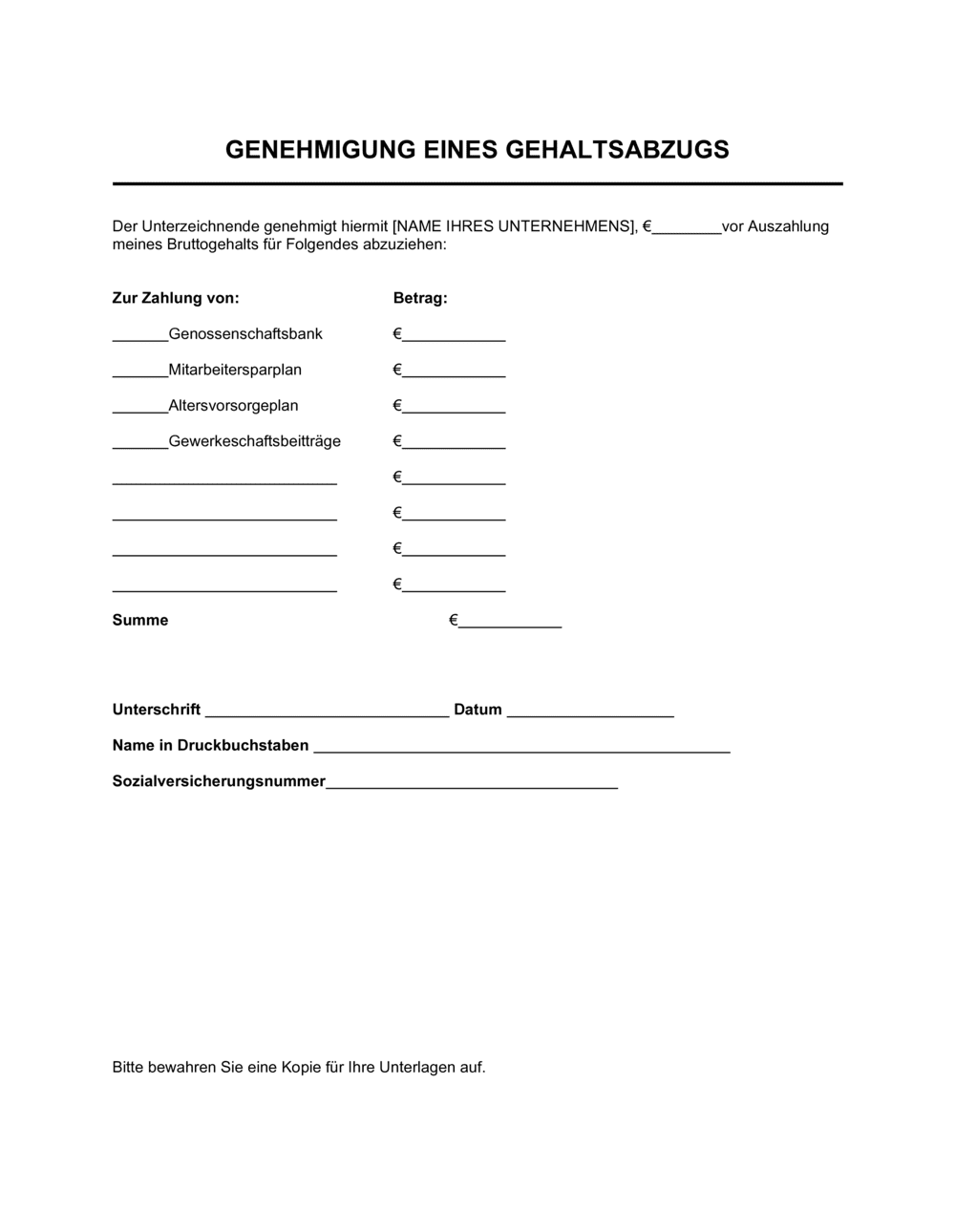 Business-in-a-Box's Genehmigung eines Gehaltsabzugs