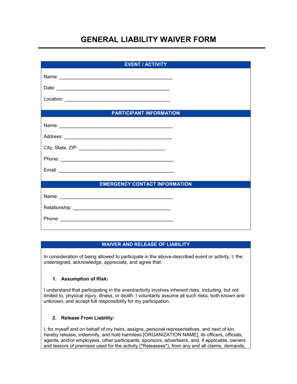 General Liability Waiver Form Template Free Word PDF General Liability Waiver Form Template Free Word PDF
