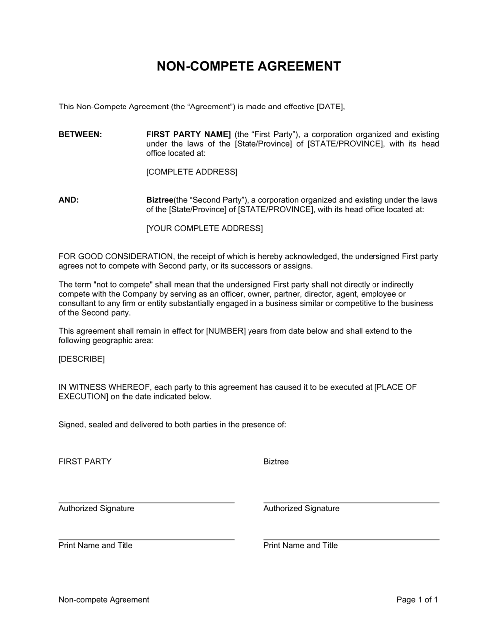 Free Employee Non Compete Agreement Template Printable Templates