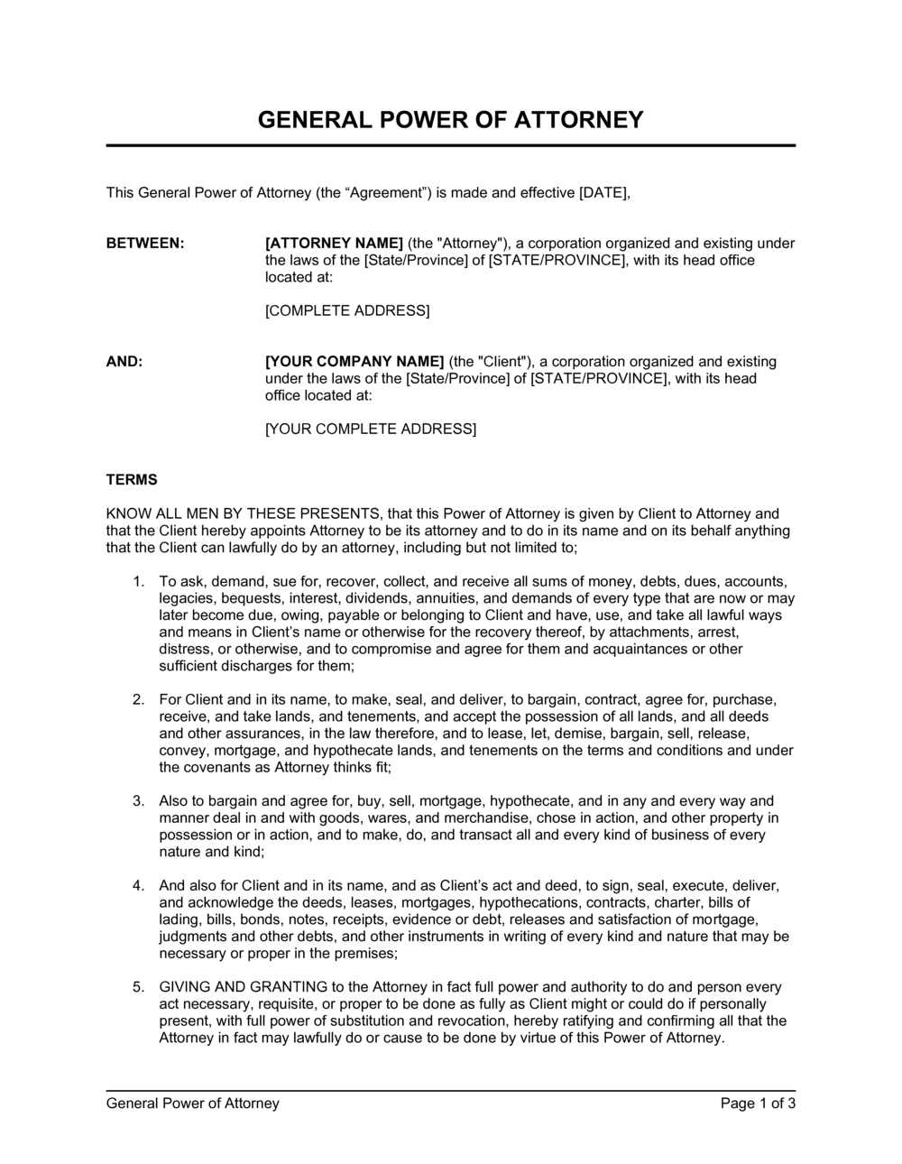 General Power Of Attorney Template By Business in a Box 