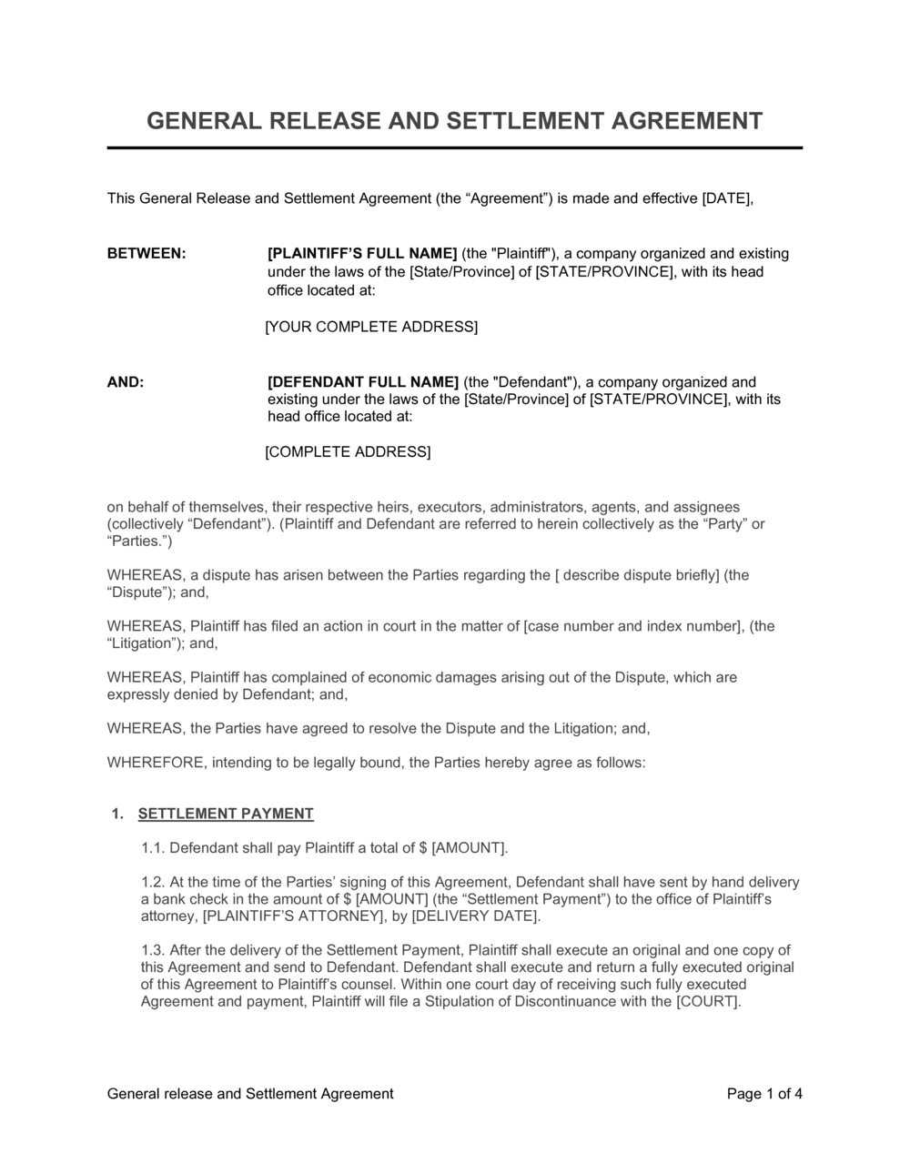 General Release and Settlement Agreement Template  by Business-in With settlement agreement and release of all claims template