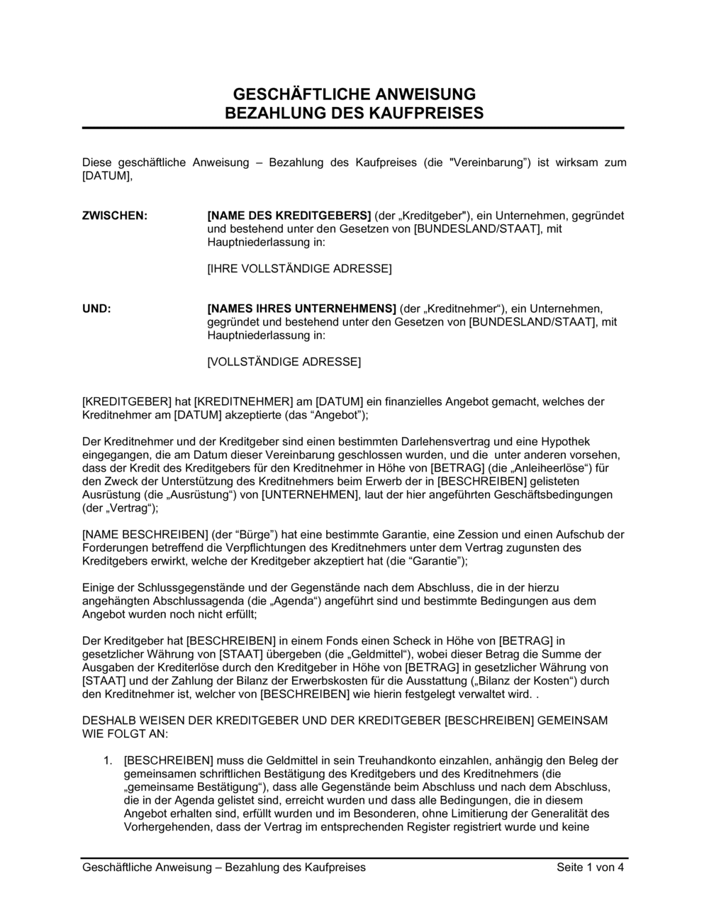 Business-in-a-Box's Geschäftliche Anweisung Bezahlung des Kaufpreises