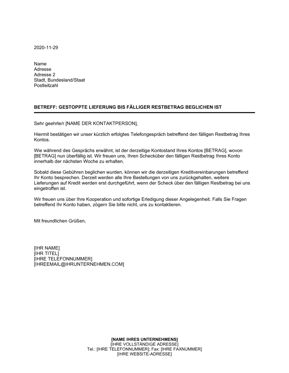 Business-in-a-Box's Gestoppte Lieferung bis Fälliger Restbetrag beglichen ist