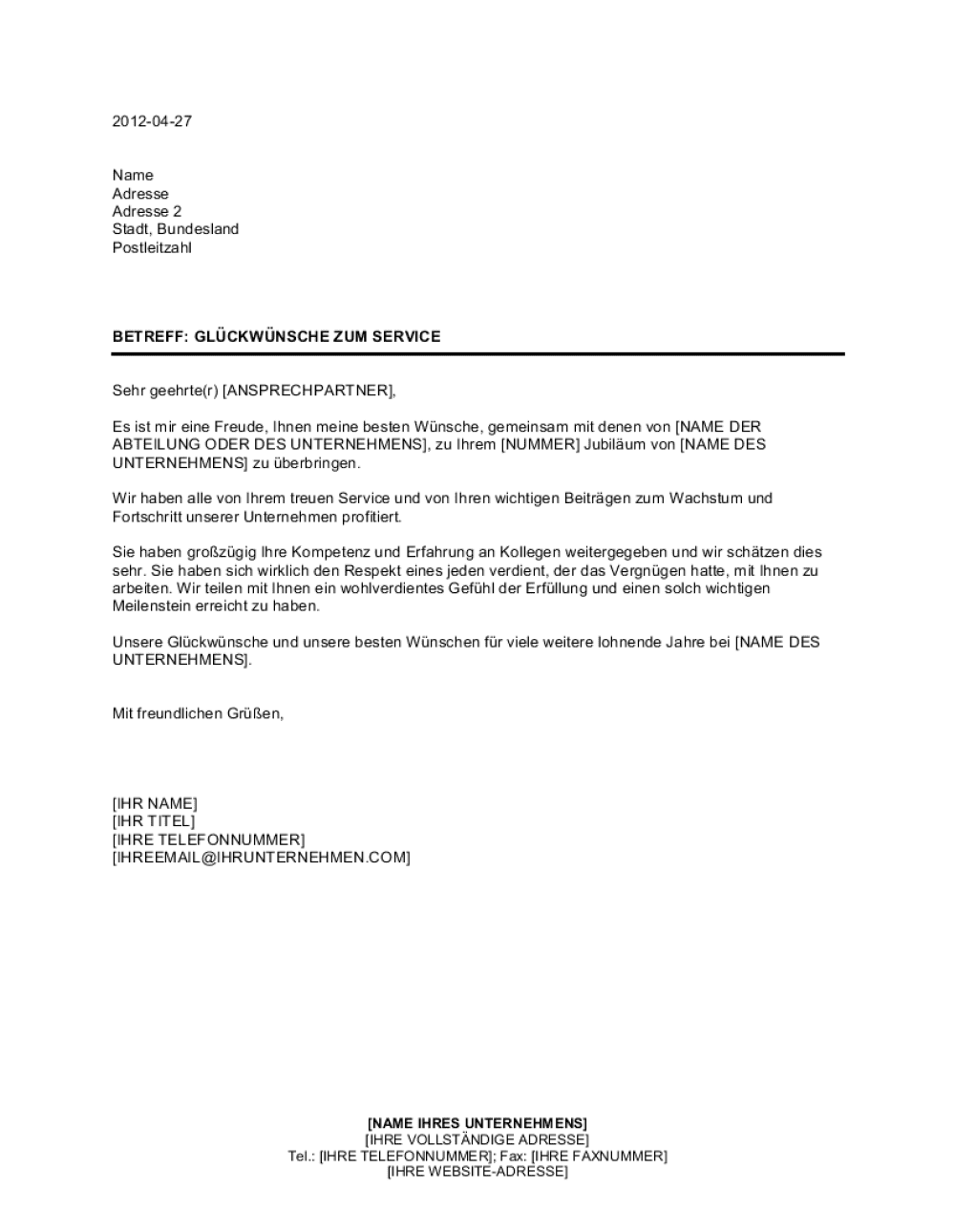 Business-in-a-Box's Glückwünsche zum Service