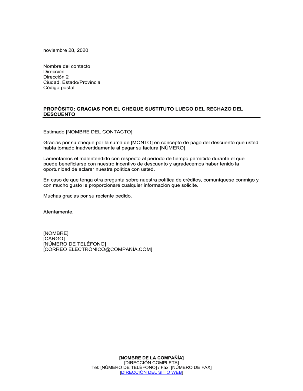 Business-in-a-Box's Gracias por el cheque de reemplazo luego del rechazo del pedido de descuento