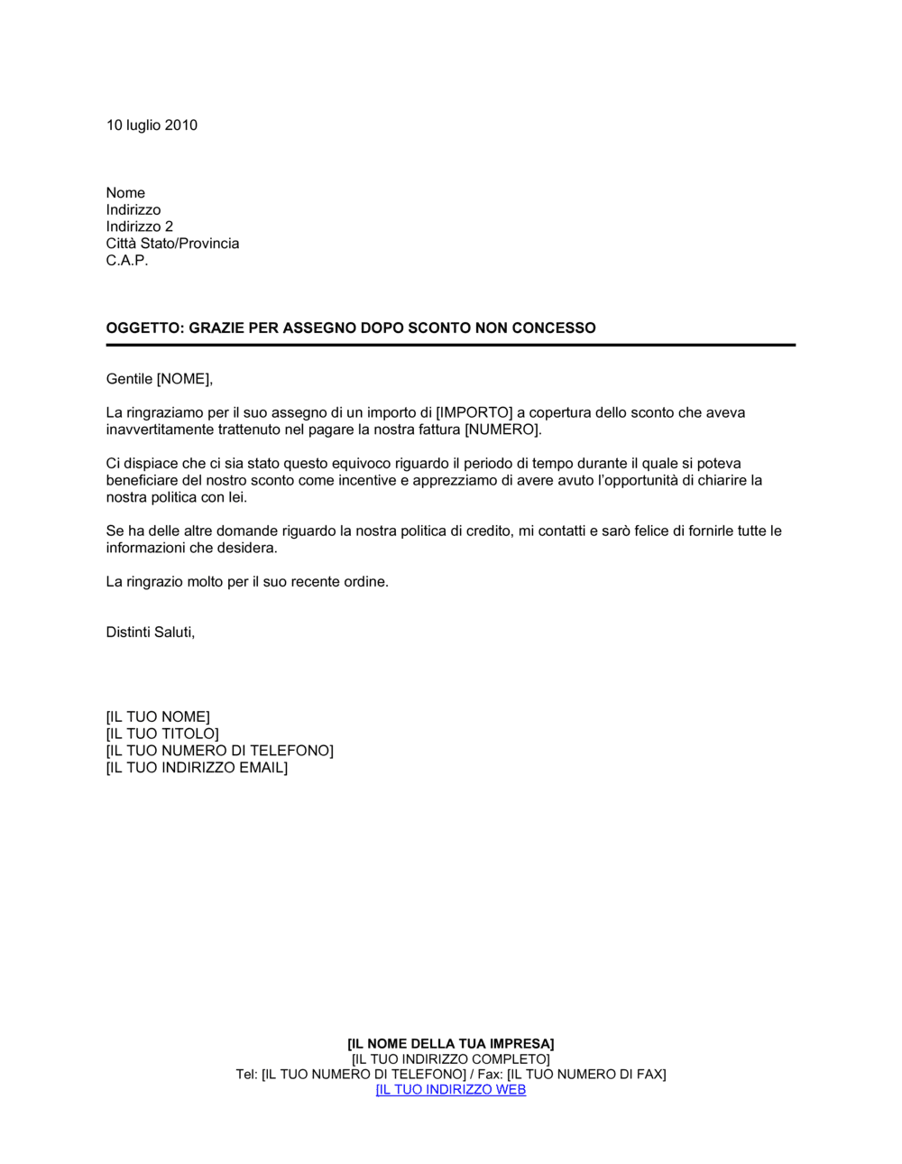 Business-in-a-Box's Grazie per assegno dopo sconto non concesso