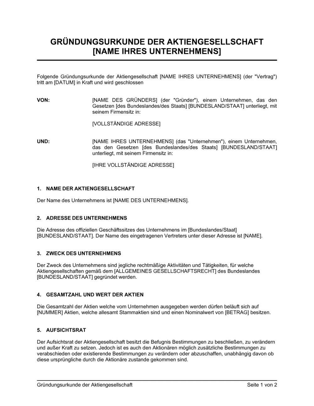 Business-in-a-Box's Gründungsurkunde der Aktiengesellschaft