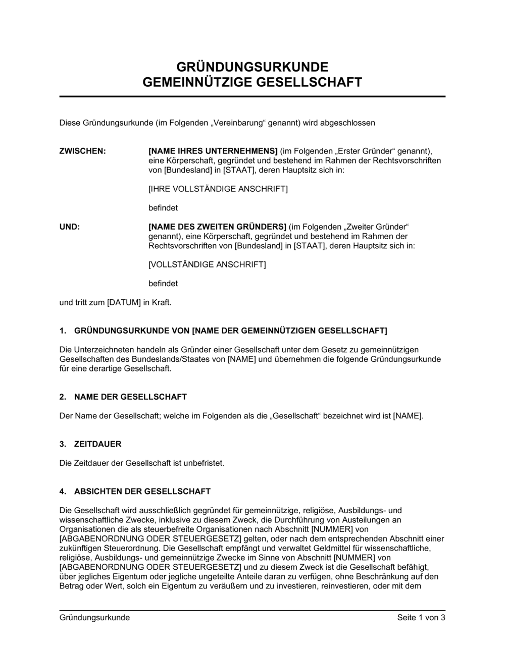 Business-in-a-Box's Gründungsurkunde Gemeinnützige Gesellschaft