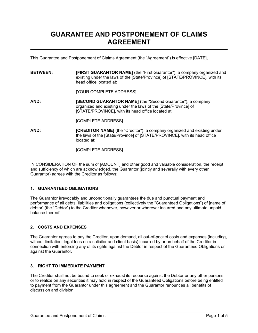 Business-in-a-Box's Guarantee and Postponement of Claims Template