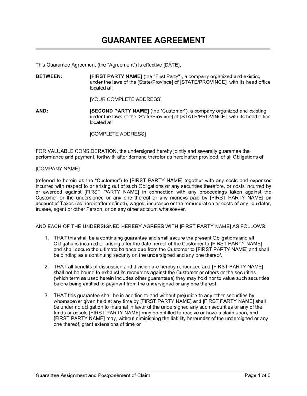 Guarantee Assignement and Postponement of Claim Template by Business