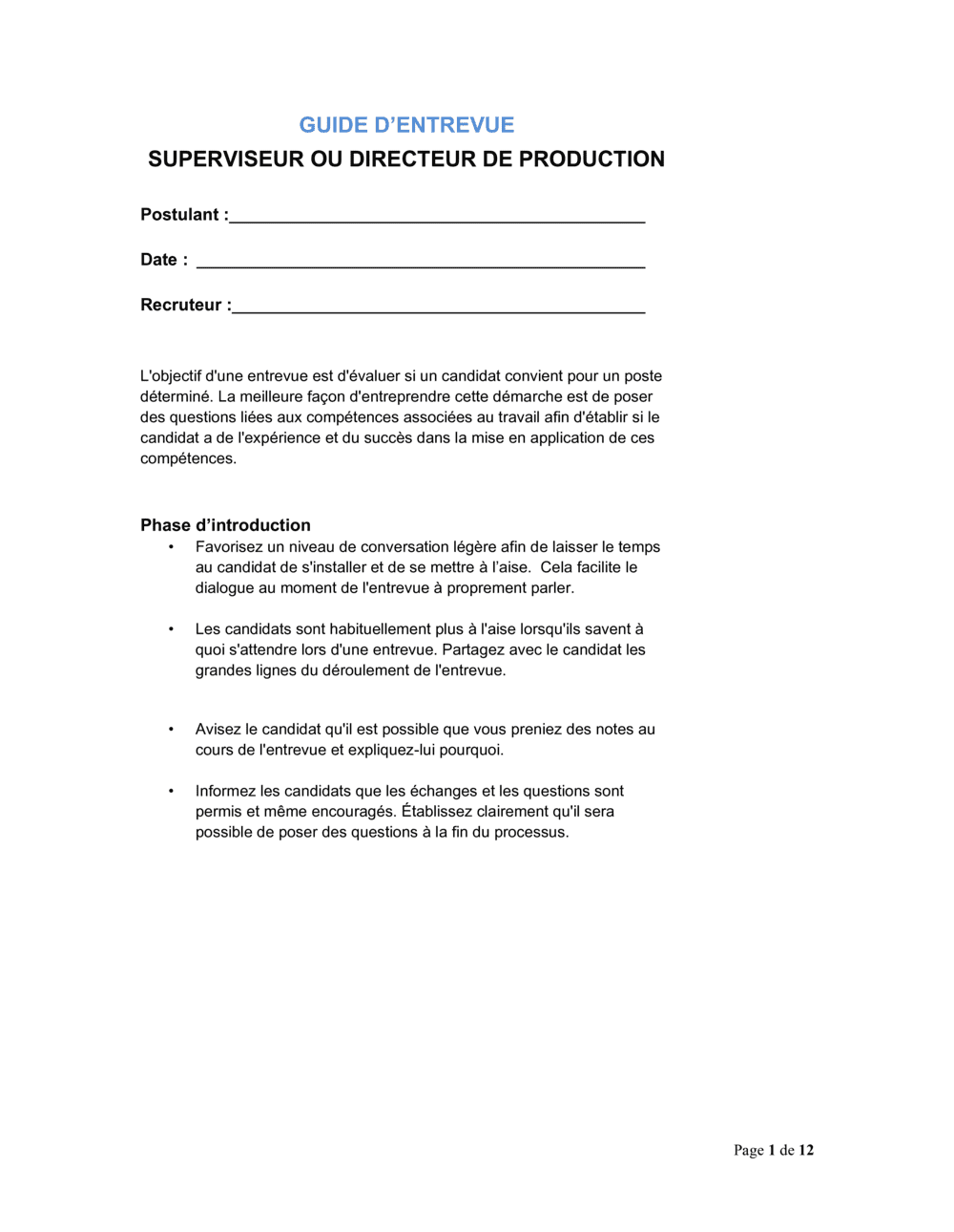 Business-in-a-Box's Guide d'entrevue Superviseur ou directeur de production