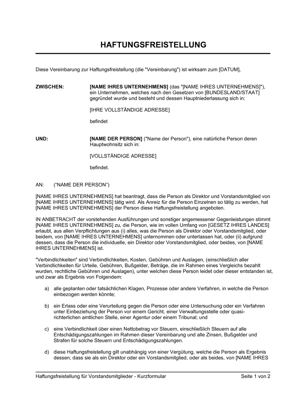 Business-in-a-Box's Haftungsfreistellung für Vorstandsmitglieder - Kurzformular