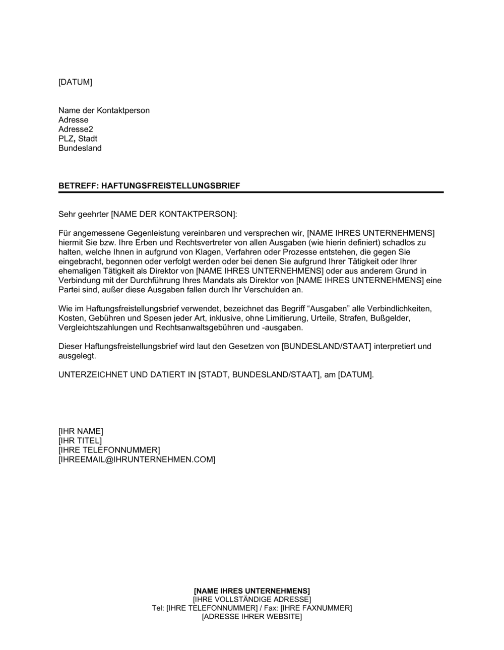 Business-in-a-Box's Haftungsfreistellungsbrief für ehemaligen Direktor