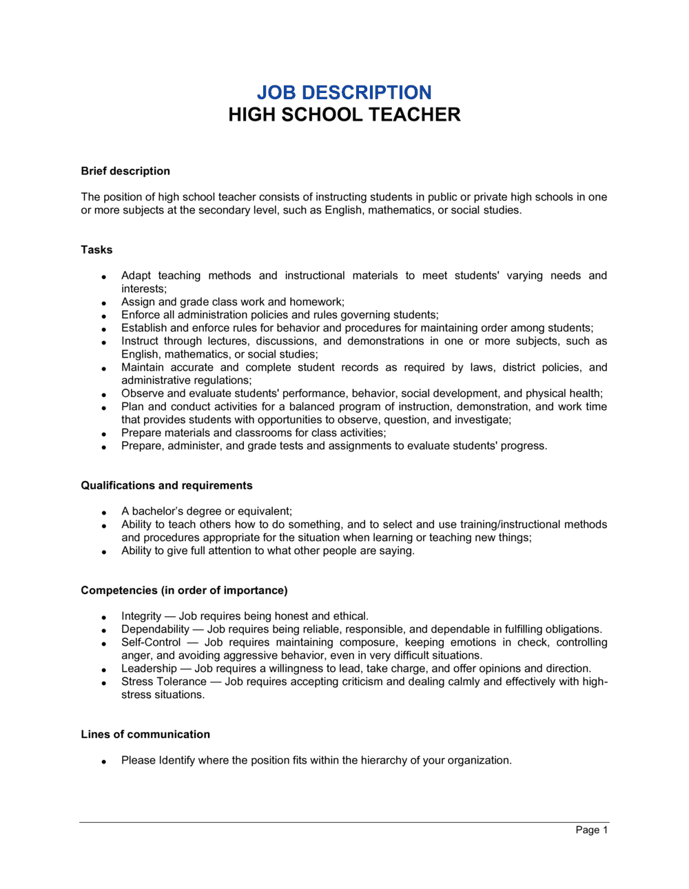 High School Teacher Job Description Template By Business in a Box 