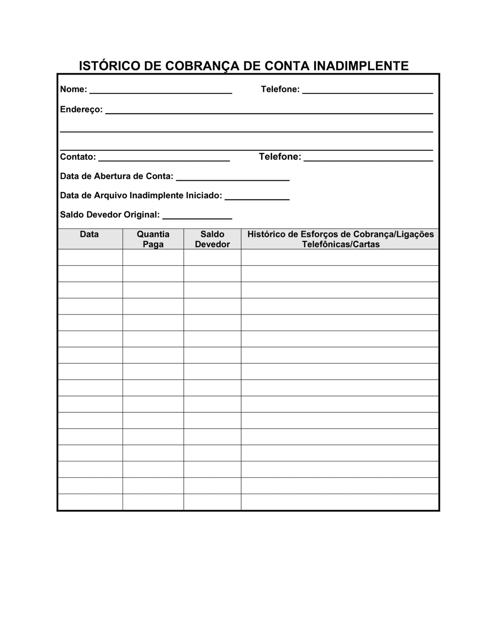 Business-in-a-Box's Histórico de Cobrança por Conta Inadimplente