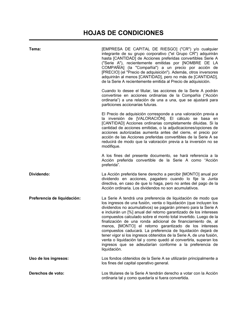 Business-in-a-Box's Hoja de condiciones