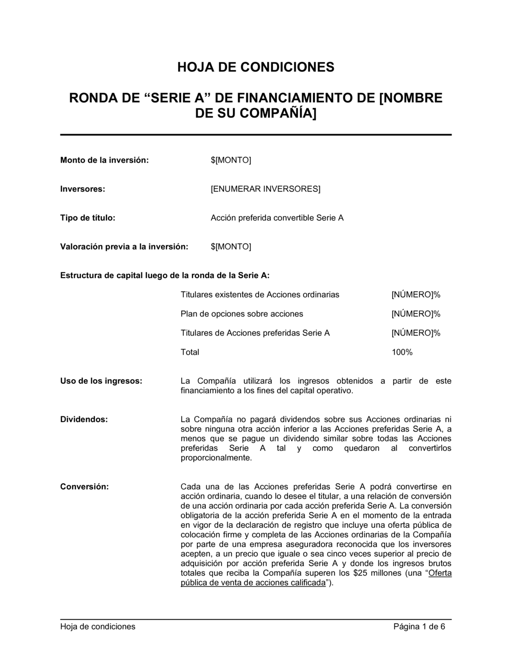 Business-in-a-Box's Hoja de condiciones para la ronda de financiación de la serie A