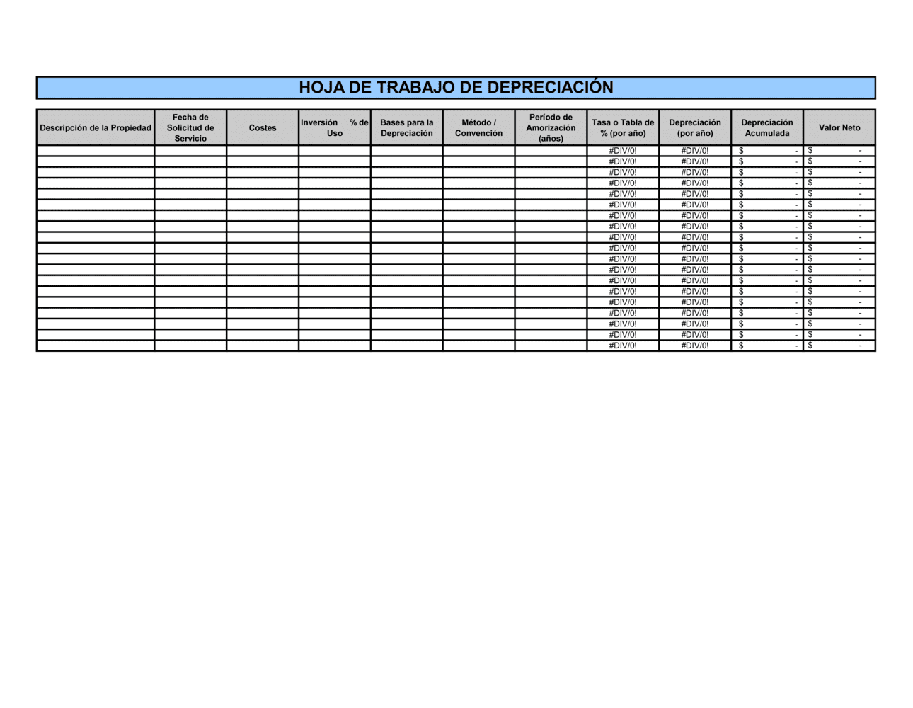 Business-in-a-Box's Hoja de cálculo de depreciación