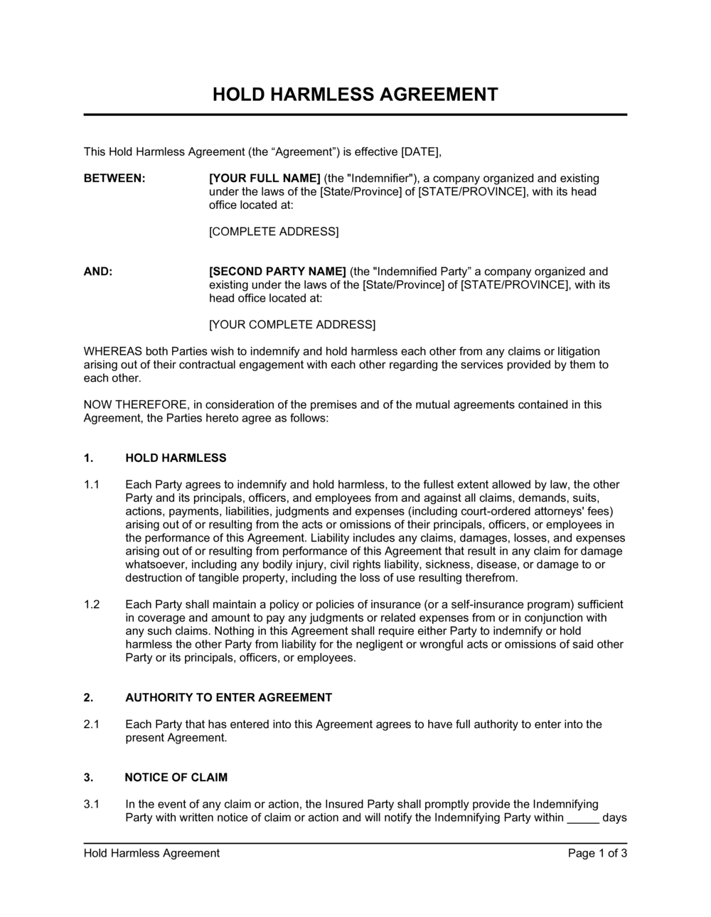 Business-in-a-Box's Hold Harmless Agreement Template