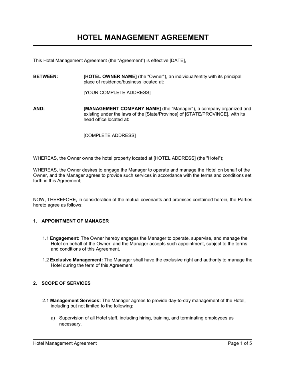 Hotel Management Agreement Template (Download)