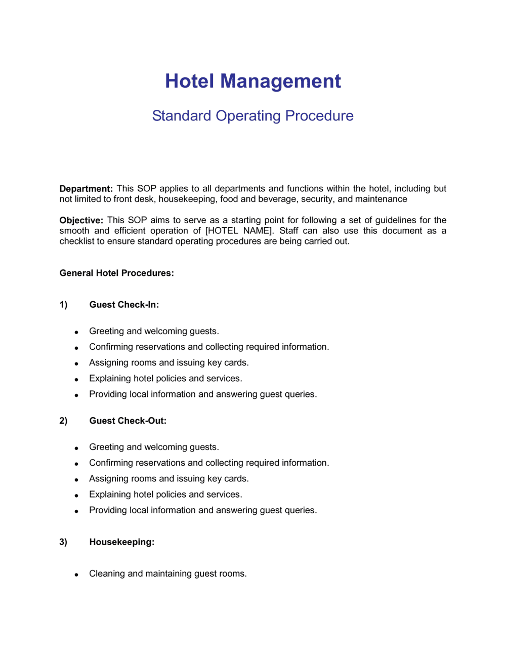 Hotel Standard Operating Procedure [Free Download] Word & PDF