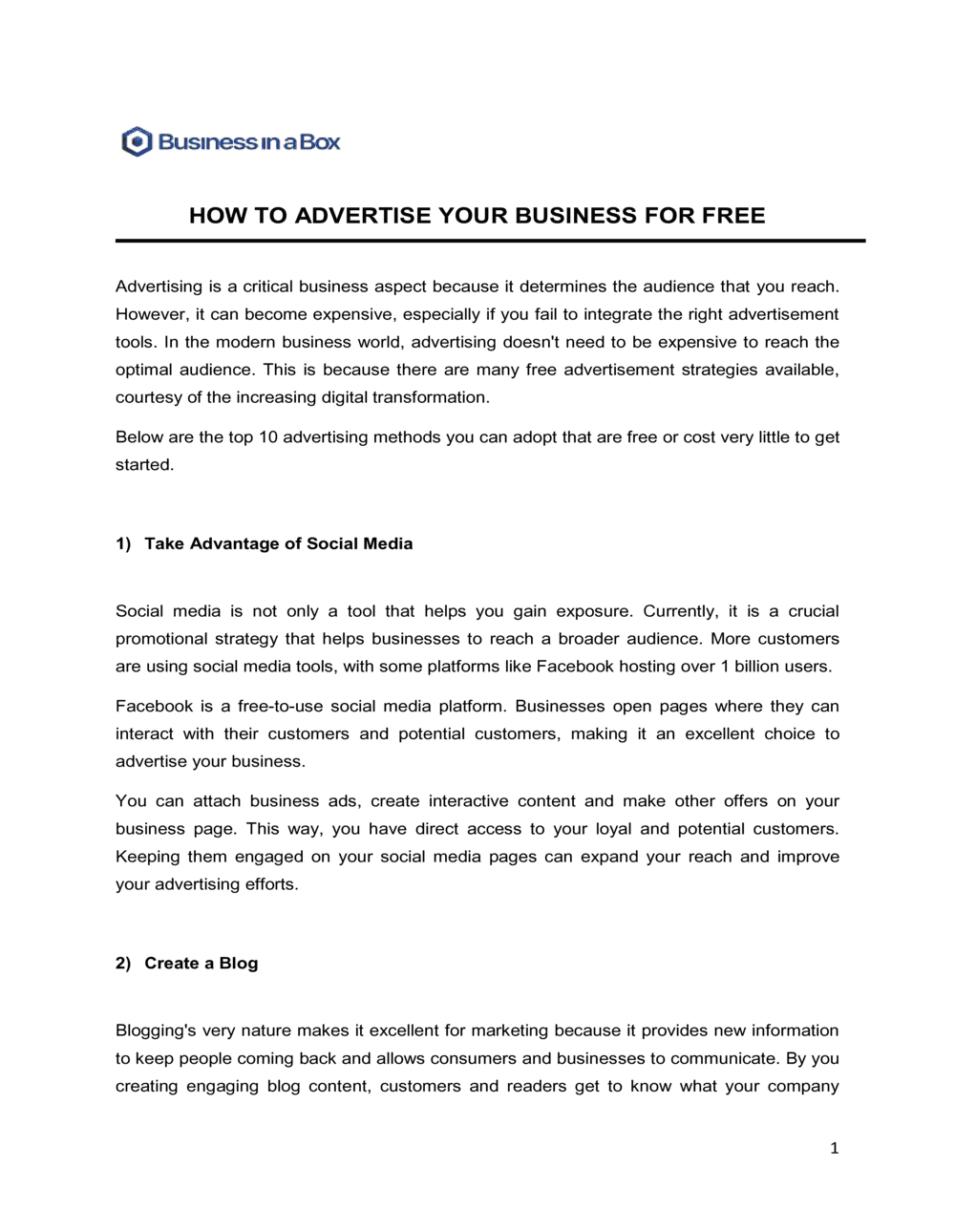 Business-in-a-Box's How To Advertise Your Business For Free Template