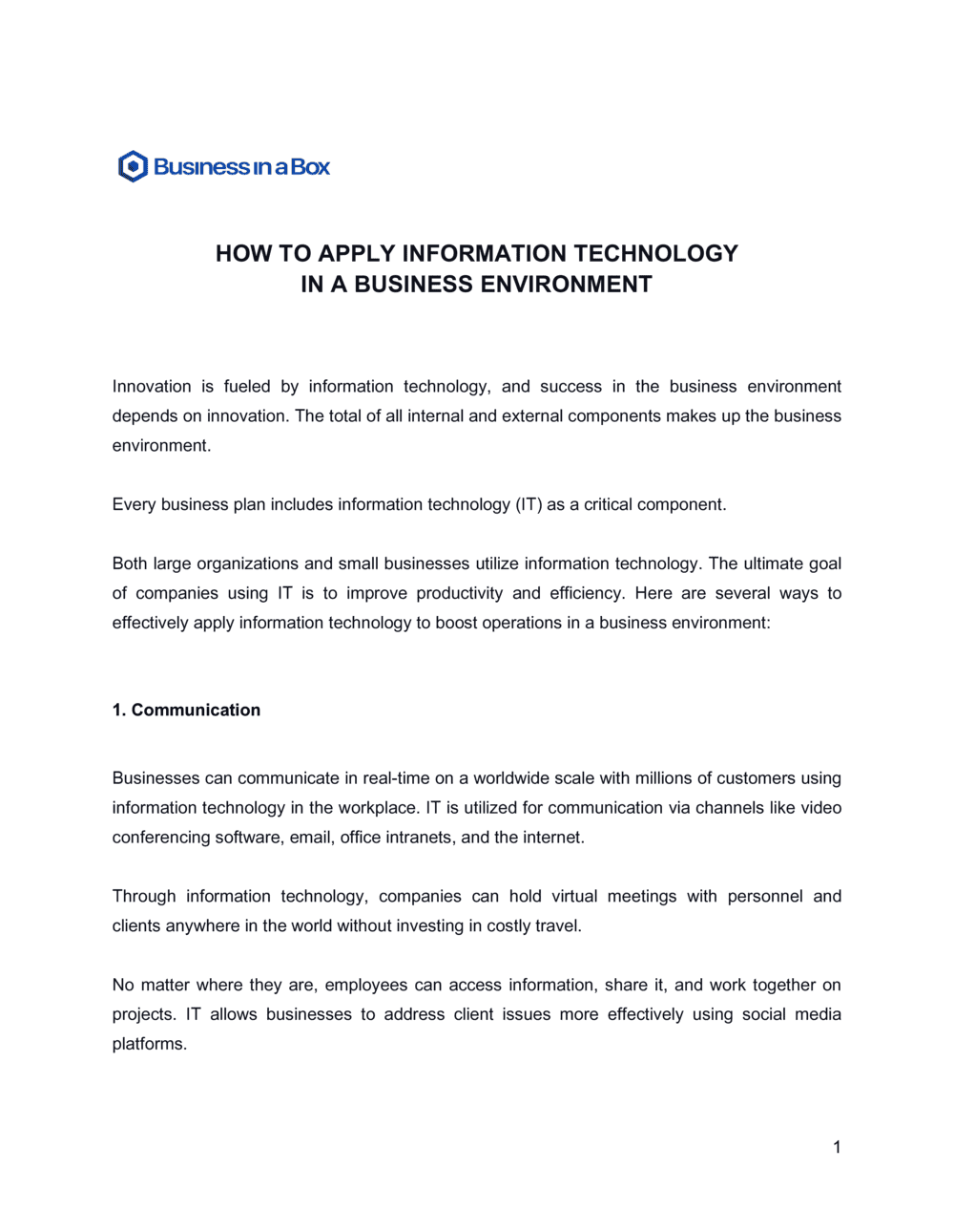 Business-in-a-Box's How To Apply Information Technology In A Business Environment Template