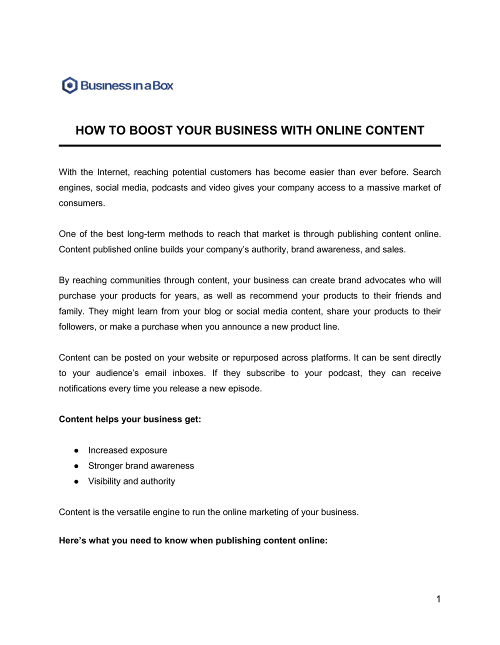Business-in-a-Box's How To Boost Your Business With Online Content Template