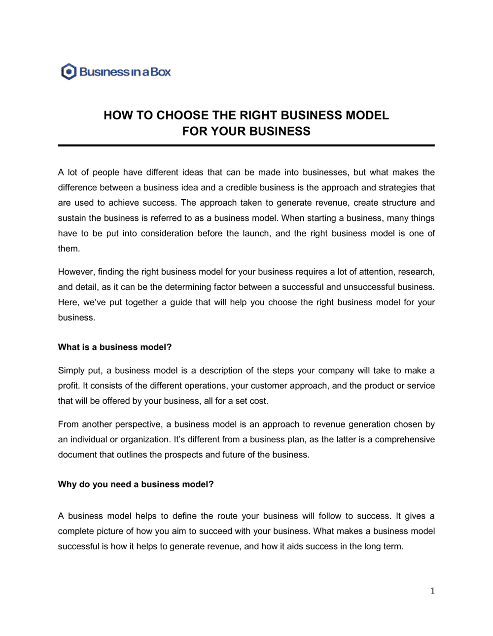Business-in-a-Box's How To Choose The Right Business Model For Your Business Template