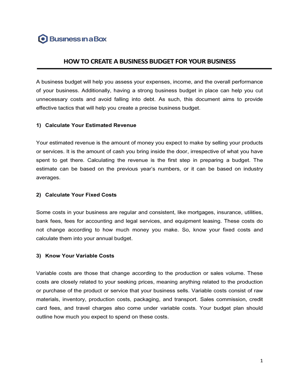 Business-in-a-Box's How To Create A Business Budget For Your Business Template