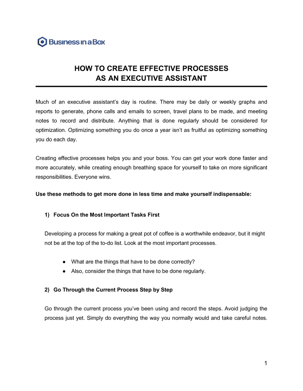 Business-in-a-Box's How To Create Effective Processes As An Executive Assistant Template