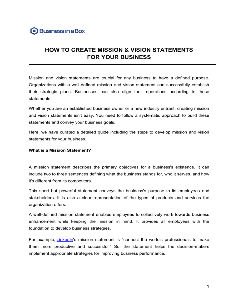 Business-in-a-Box's How To Create Mission and Vision Statements Template