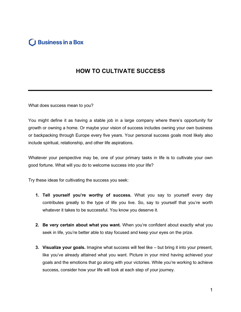Business-in-a-Box's How To Cultivate Success Template