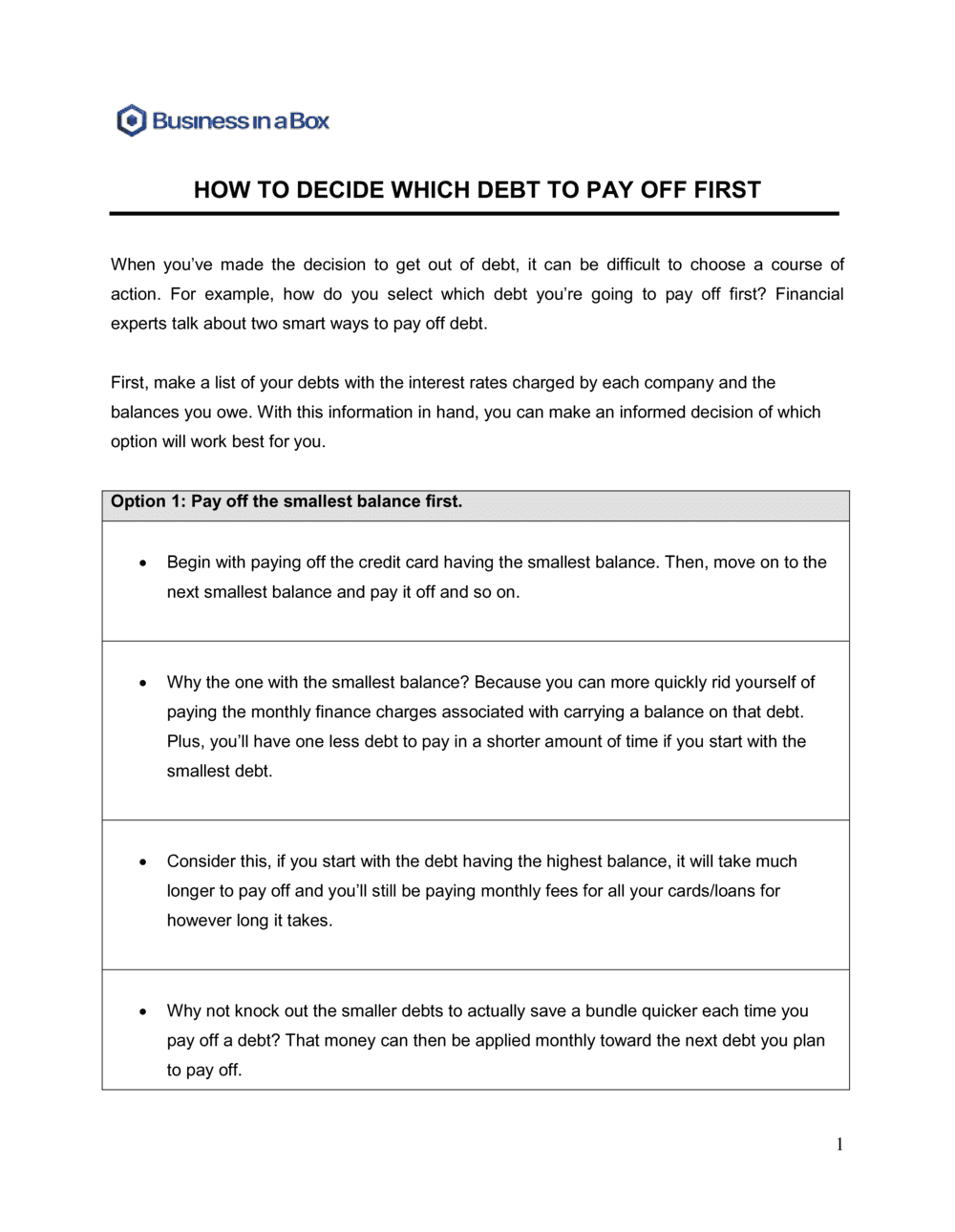 Business-in-a-Box's How To Decide Which Debt To Pay Off First Template