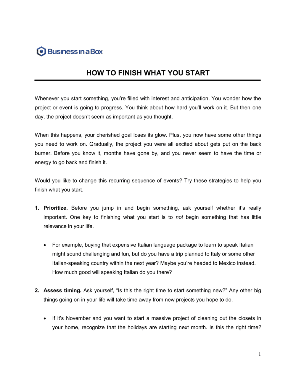 Business-in-a-Box's How To Finish What You Start Template