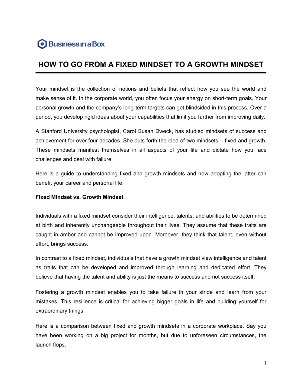 Business-in-a-Box's How To Go From A Fixed Mindset To A Growth Mindset Template