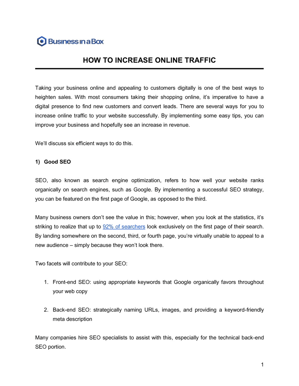 Business-in-a-Box's How To Increase Online Traffic Template