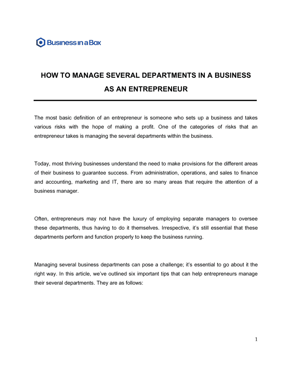Business-in-a-Box's How To Manage Several Departments In A Business As An Entrepreneur Template