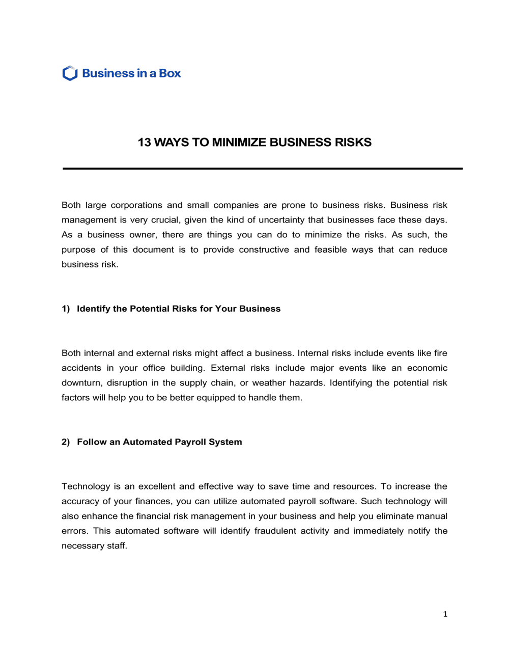 Business-in-a-Box's How To Minimize Business Risk Template