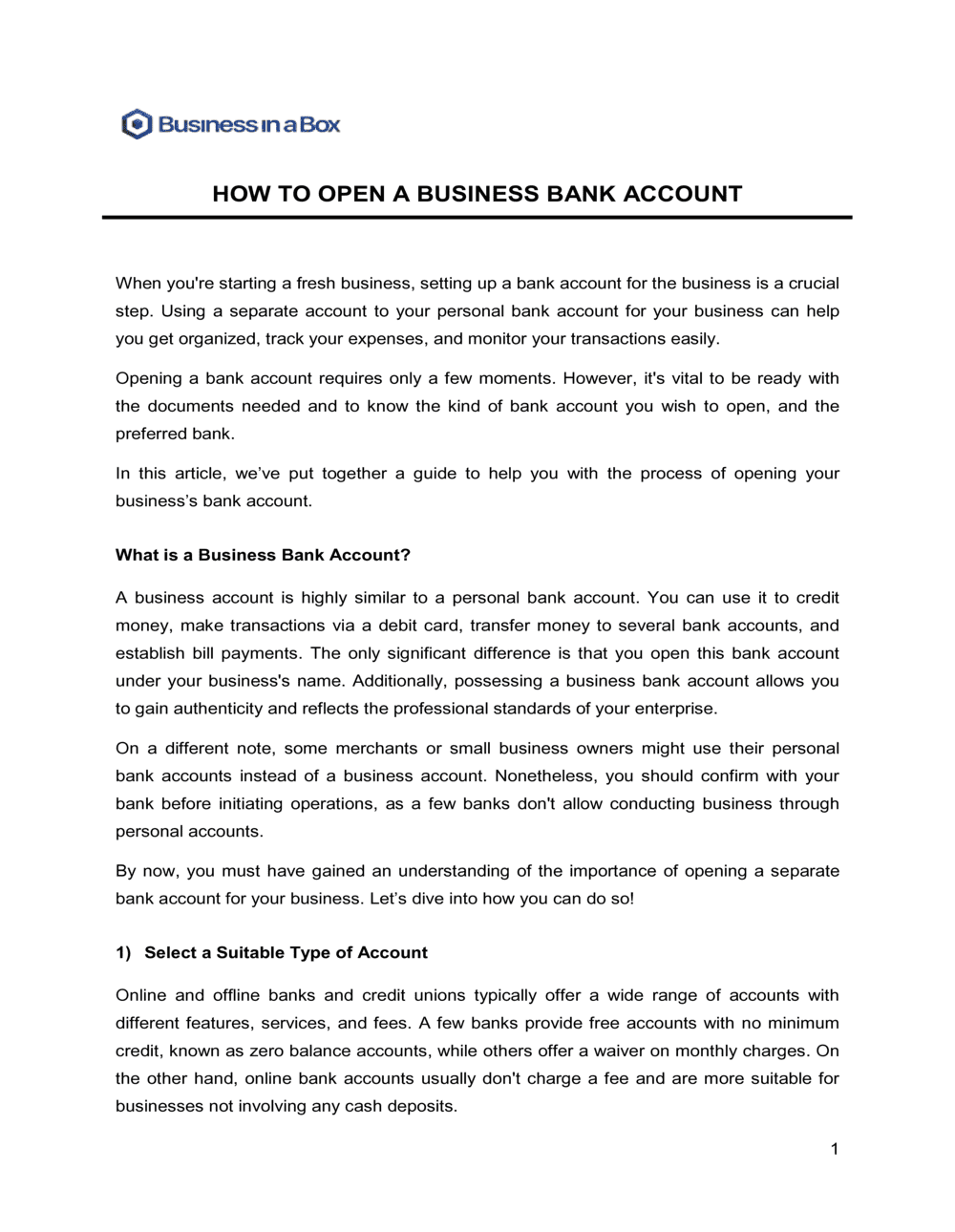 Business-in-a-Box's How To Open A Bank Account For A Business Template