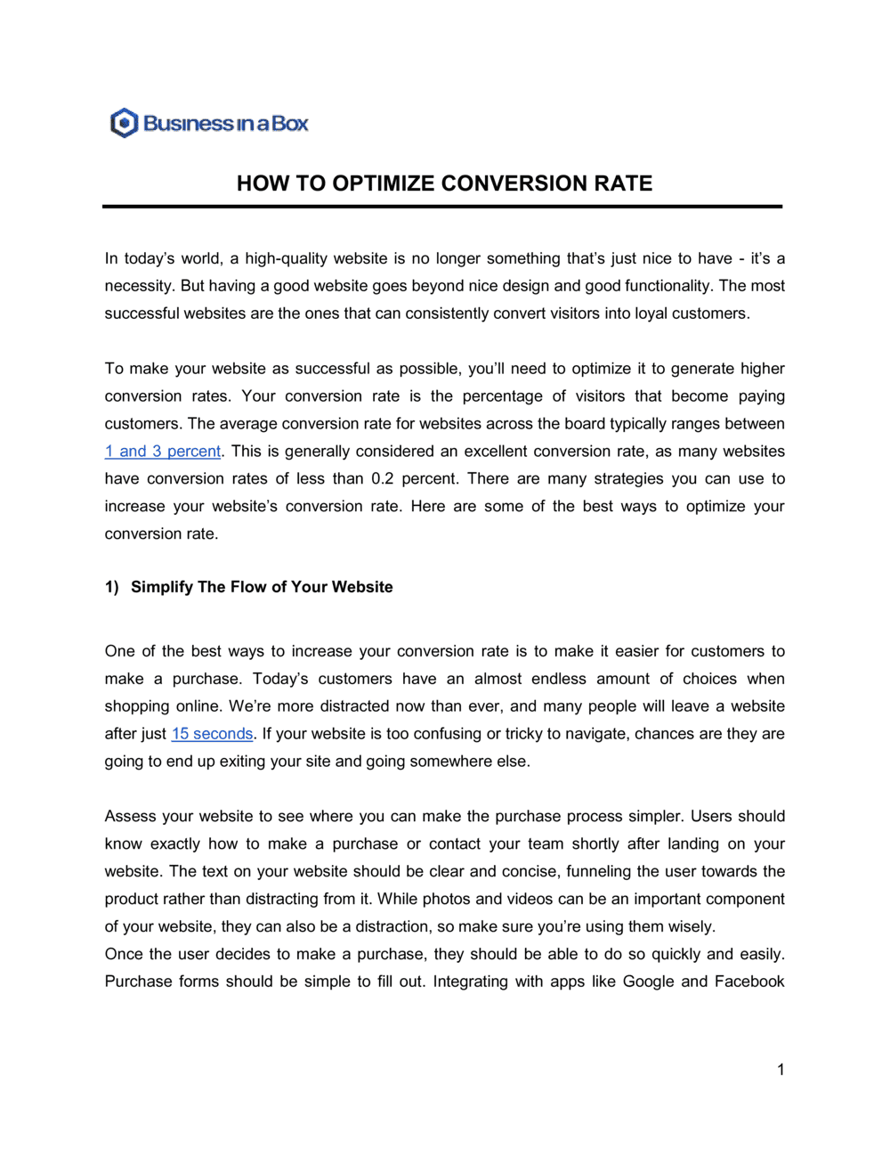 Business-in-a-Box's How To Optimize Conversion Rate Template