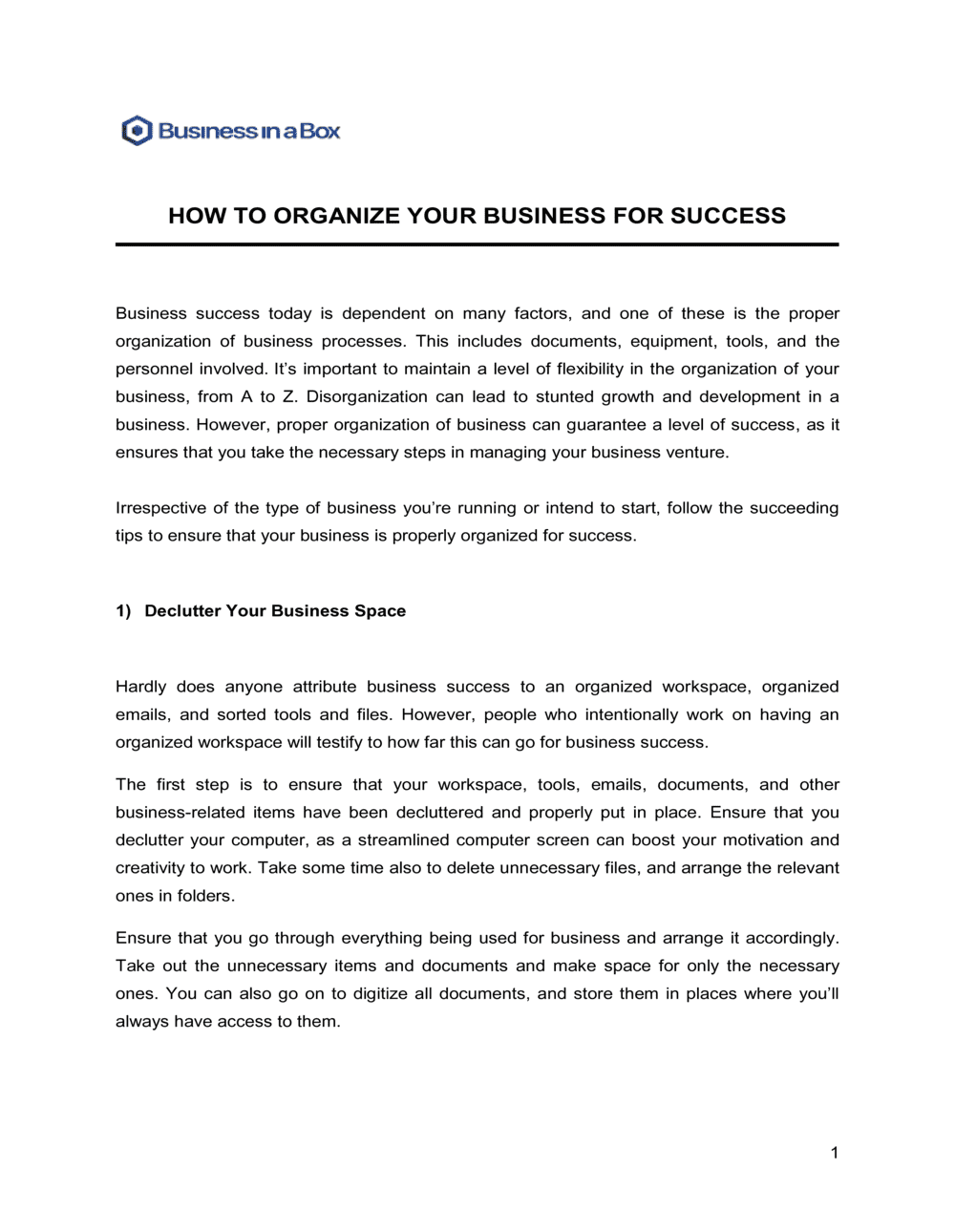 Business-in-a-Box's How To Organize Your Business For Success Template