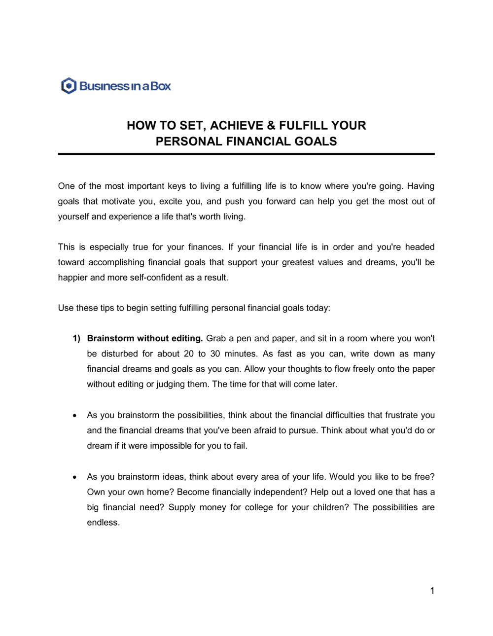 Business-in-a-Box's How To Set Achieve and Fulfil Personal Financial Goals Template