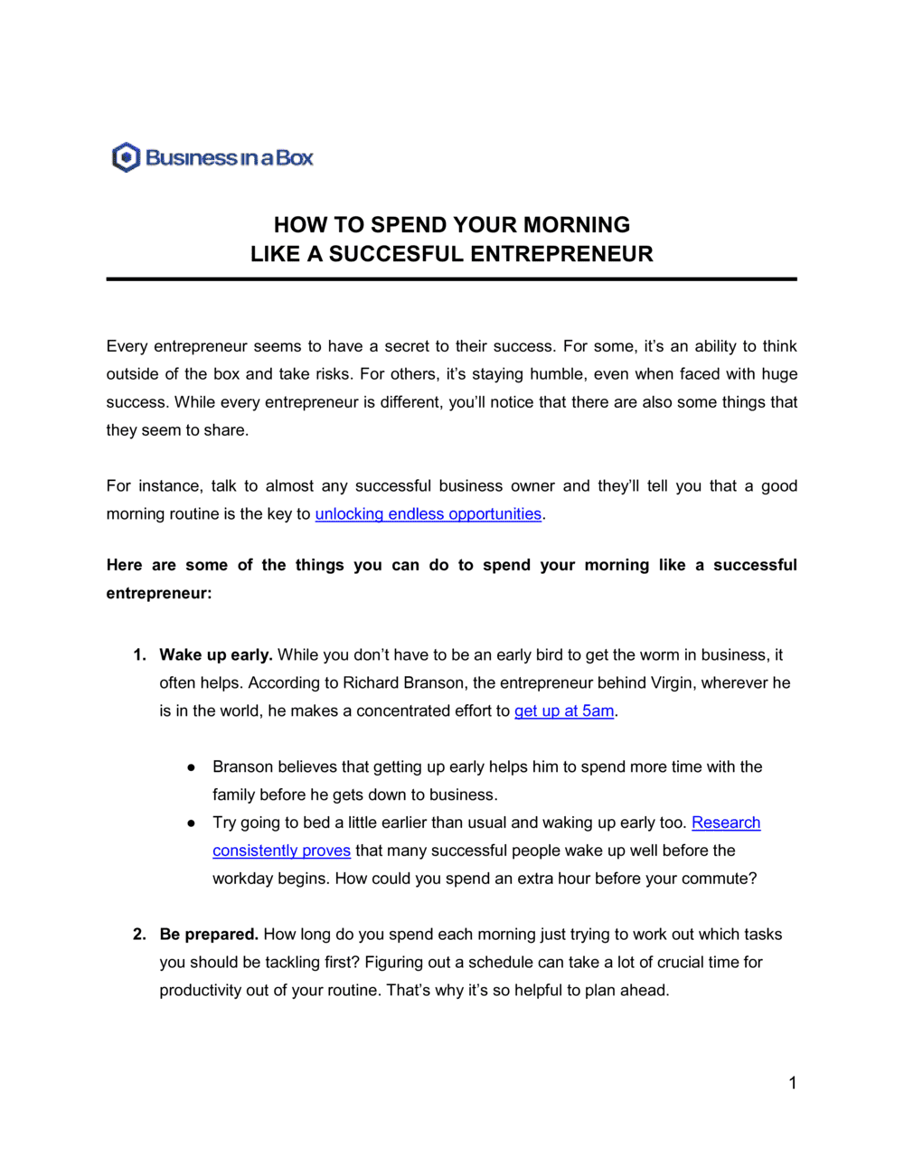 Business-in-a-Box's How To Spend Your Morning Like A Successful Entrepreneur Template