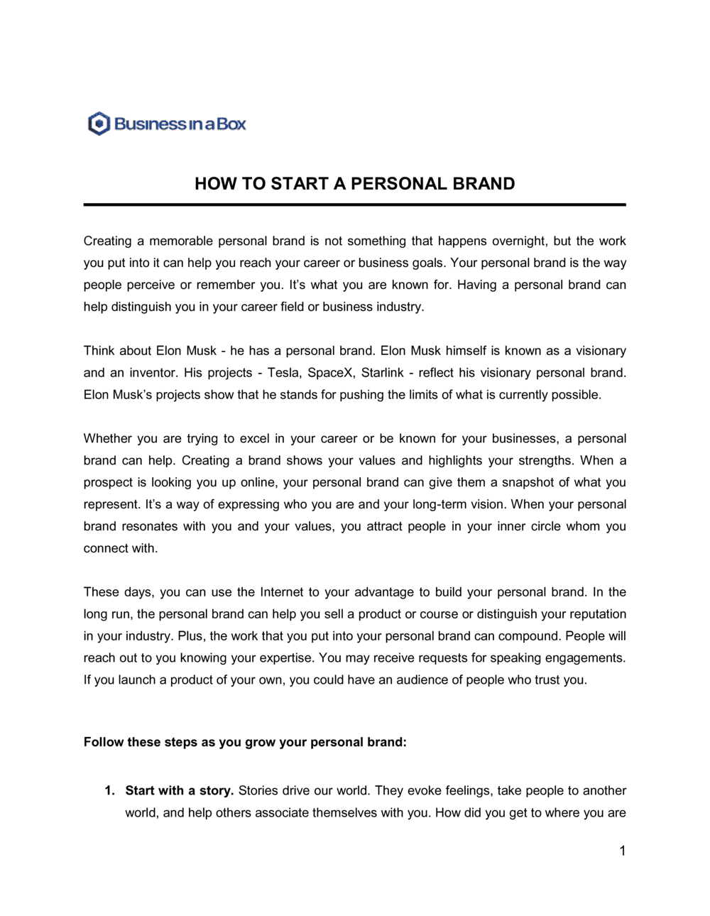 Business-in-a-Box's How To Start A Personal Brand Template